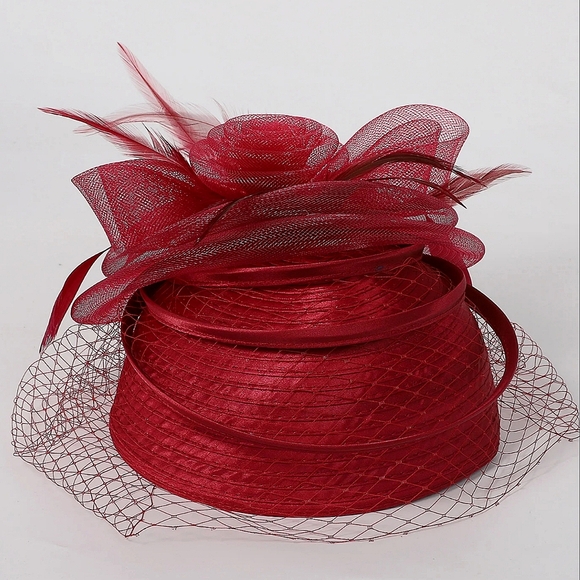 Elegant Deep Red Wine Braided Pillbox Exquisite Lace Veil and Tulle Flow… - Picture 2 of 4